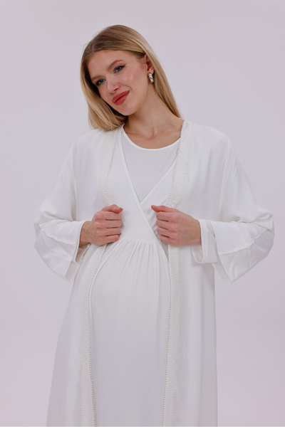 Lohussa Γυναικείο Σετ Νυχτικό Μακρυμάνικο Εκρού με διπλό λαιμόκοψη, Ειδικού Σχεδιασμού, Μητρότητας και Εγκυμοσύνης