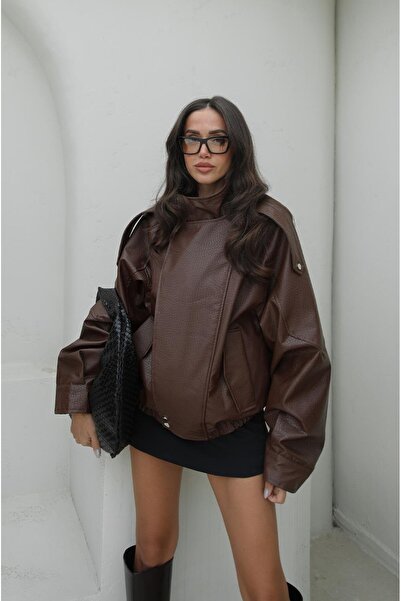 Havoş Hnědá bunda z umělé kůže s vysokým límcem