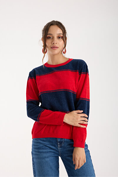 Clothes Fast Women's Red-Navy Two-Tone Cross Contrast Stitch Detail Chenille Velvet Knitwear Blouse