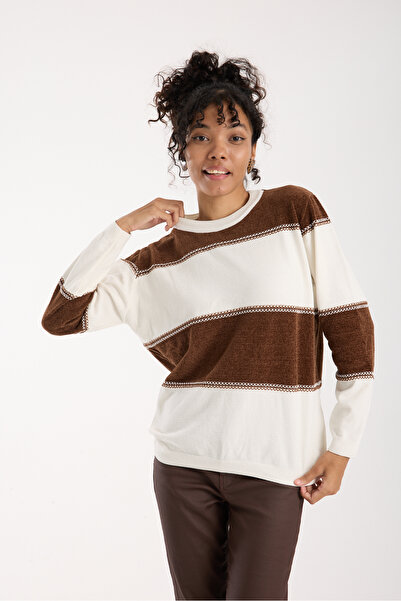 Moda Days Women's White-Brown Two-Tone Cross Contrast Stitching Detail Chenille Velvet Knitwear Blouse