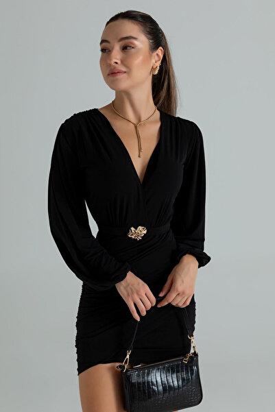 MOZENA Kruvaze Yaka Sandy Kemerli Mini Elbise