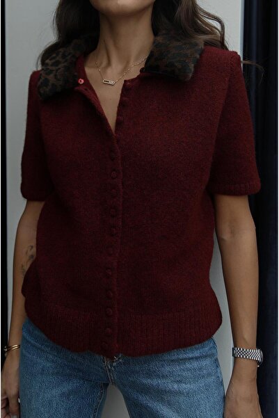 Havoş Bordo Leopar Kürk Detaylı Kazak