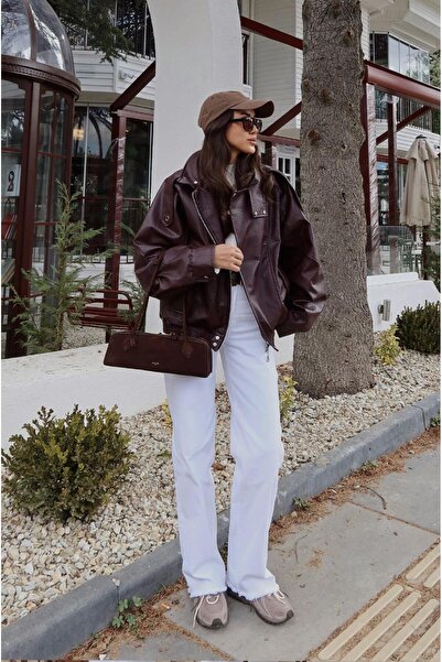 Havoş Burgundy Stand Collar Faux Leather Jacket