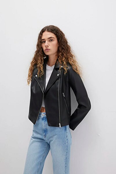 Mavi Women's Biker Collar Black Faux Leather Jacket 1110221-900