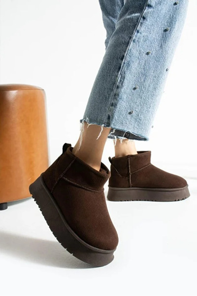 E&C Suede Women's Winter Home and Outdoor Boots Slippers Ug Model High Thick Soled Winter Wool Inside Furry