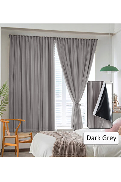 Generic Velcro Curtains with Sheer, 100% Blackout, 1 Panel, 2mW *2.3mH, Fits Windows 1-1.3m Wide, #Dark Grey