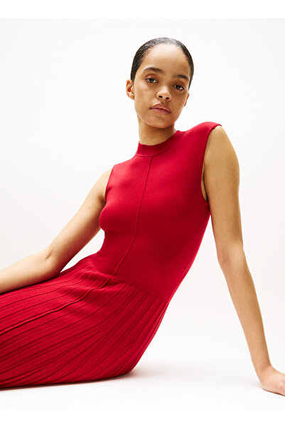 Tommy Hilfiger Yuvarlak Yaka Düz Kırmızı Uzun Kadın Elbise WW0WW45653XLD