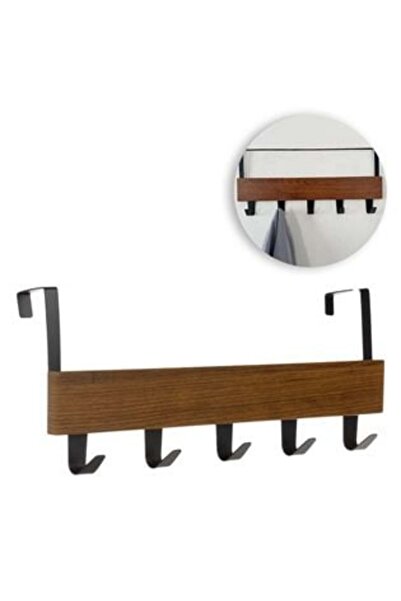 SHOPIENS Cârlig din lemn maro cu 5 cârlige metalice pentru ușă 38 x 7 x 16 cm