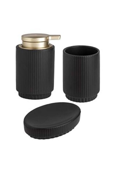 Bathroom Life Black Ceramic Bathroom Set with Embossed Stripe - 3pcs