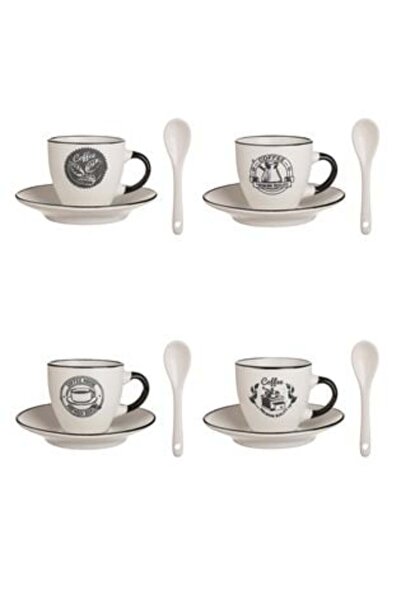 SHOPIENS Set pahare ceramice maro alb cu diverse modele farfurii și lingurițe 90 ml - 4 seturi