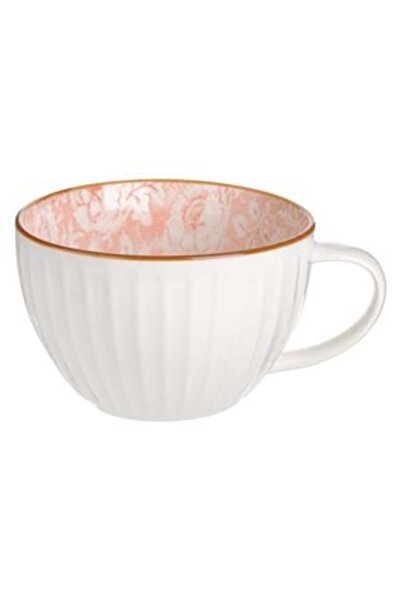 SHOPIENS Large Ceramic White Mug with Stripes & Salmon Floral Interior 480 ml