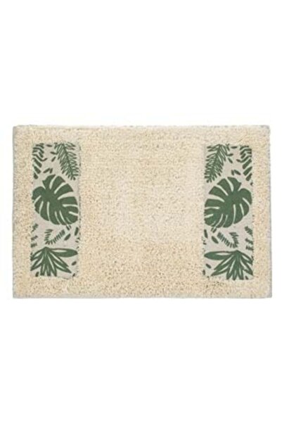 OEMN Cotton Bath Mat Beige with Green Tropical Leaves 60 x 40 cm