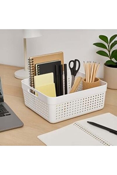 SHOPIENS Plastic Storage Basket Off White with Handles 10L