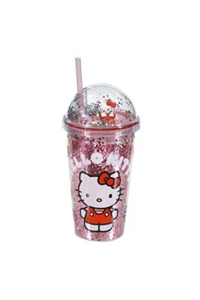 SHOPIENS Pahar de plastic cu capac și pai roz confetti Hello Kitty 475 ml