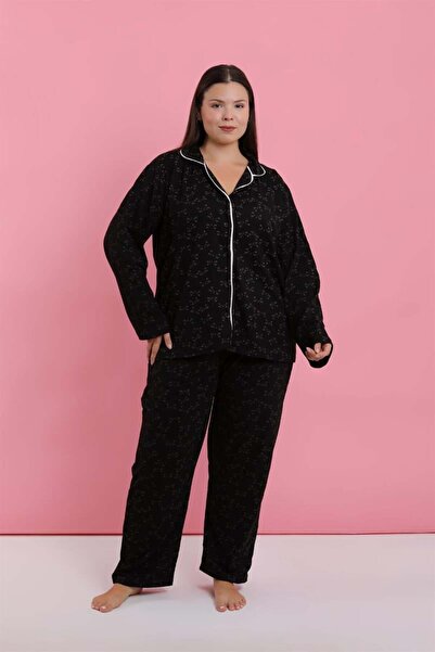 modaserdem Mdsrdm Women's Plus Size Black and White Piping Patterned Buttoned Pajama Set
