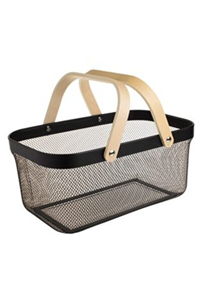 SHOPIENS Black Metal Basket with Wooden Handles 39.5 x 24 x 18.5 cm