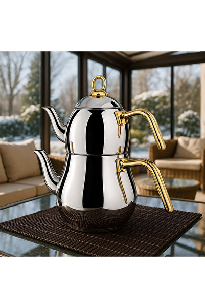 Davet Napoli Paslanmaz Çelik 18/10 Mega Boy Çaydanlık Takımı Gold Kulp Demlik...