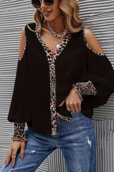 Mossta Omzu Open Shoulder Leopard Detailed Sandy Blouse - Black