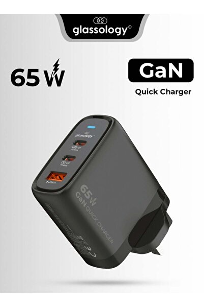 Glassology شاحن سريع 65 واط GaN - 3 منافذ (2C + 1A) أسود