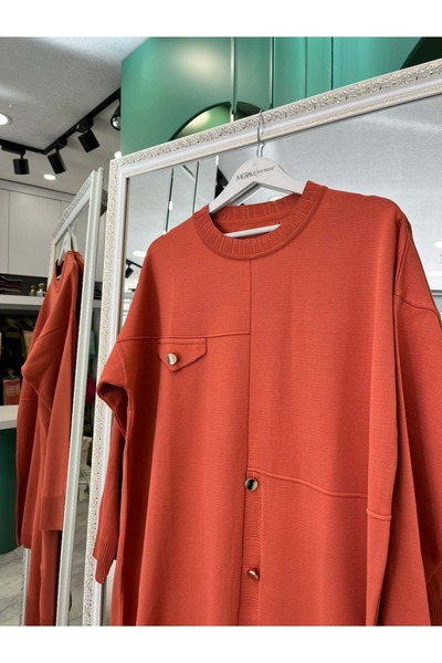 MERAM BUTİK Adn Thin Knit Tunic with Button Detail - Orange - 2