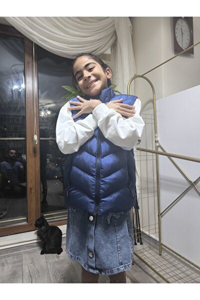 Şimo Butik Girls-Boys Inflatable Vest with Lining, Zippered Pockets, Water-Repellent, Windbreaker, Heat Insulated, Navy Blue