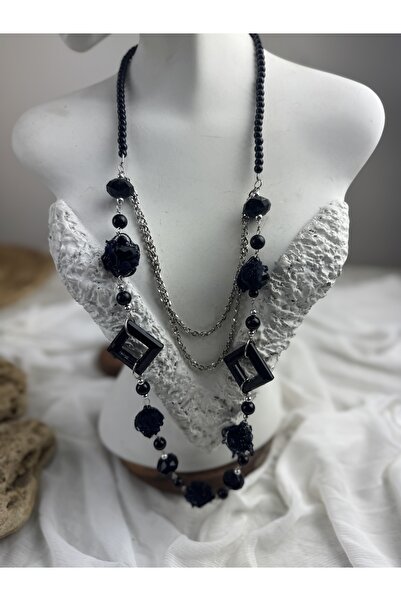 SEDEF TAKI Lacivert tüllü uzun siyah Vintage kolye