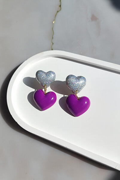 Atölye Myth Deep Love Gri Simli Mor Kalp Sallantılı Özel Tasarım Küpe - Şık Ve Gösterişli