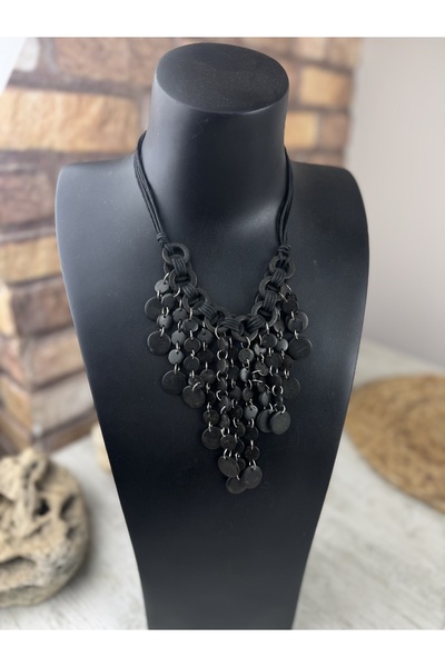 SEDEF TAKI Siyah kemik halkalı bohem kolye