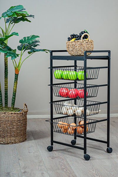 EVLE Metal Gövdeli 4 Sepetli Tekerlekli Mutfak Rafı, Patates Soğan Sebzeliği, Siyah Organizer Stand
