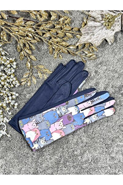Intisimo Women's Gloves, Velvet, Luxury, Touchscreen, One-Size, Cats, Navy Blue
