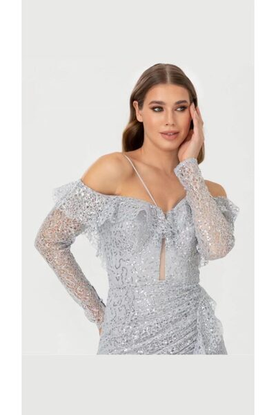 Donatella Lace off shoulder evening dress
