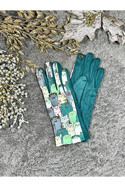 Intisimo Women's Gloves, Velvet, Luxury, Touchscreen, One-Size, Cats, Green