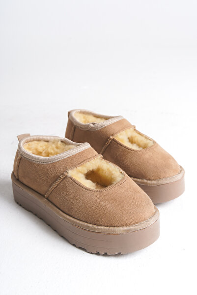 LUFENS Elora Kadın Kışlık Kalın Taban İçi Kürklü Süet kafes detaylı bej terlik