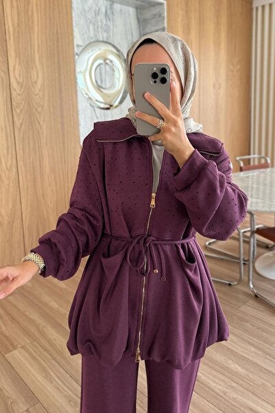 Ka Hijab Balon Form Taşlı Modal Takım - Mürdüm