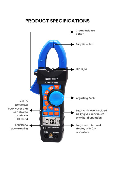 HI-TECH SANA CLAMP METER with True RMS - Ergonomic Design, Large Display, 600/1000A Auto-ranging