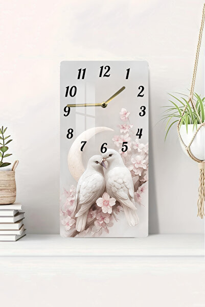 kutuTR Aşk Kuşları ve Ay Desenli Temperli Cam Tablo Saat 30×60 cm HD UV Baskı...