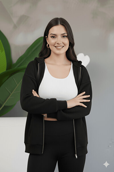 cemo Kadın Genç Unisex Cepli Kapüşonlu Fermuarlı Sweatshirt Hırka