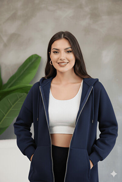 cemo Women's Teen Unisex Pocketed Hooded Zippered Sweatshirt Cardigan