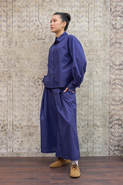 KÜÇÜĞÜM BUTİK Navy Blue Poplin Shirt and Pleated Poplin Pants Two-Piece Set (Shirt-Trousers)
