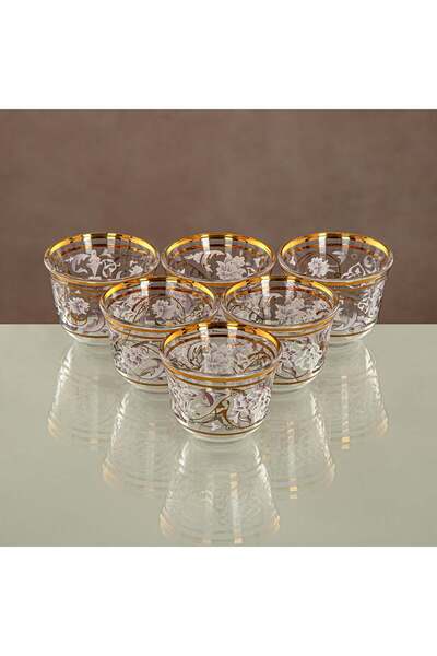 Radin Almarjan Arabic Coffee Set 6 Pieces, Glass, Clear & Golden Pattern (1013 B-ZQDL) - Family Gatherings