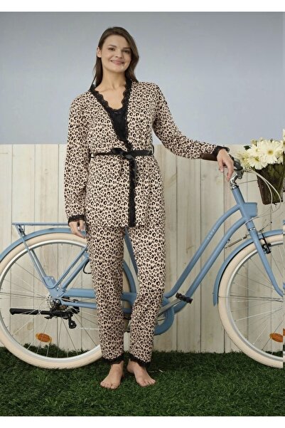 Pijamoni İpekli Kumaş Sabahlıklı Leopar Pijama Takımı 7570