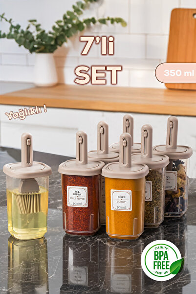 Porsima 4366 7-Piece Seasoning Container Set with Sliding Spoon, Leak-Proof Lid, Label, and Oil Dispenser - Storage Container