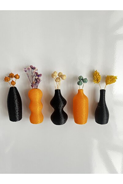 SERÜVENTR Miniflora - 5'li Magnetli Mini Vazo - Turuncu & Siyah - Buzdolabı Süsü