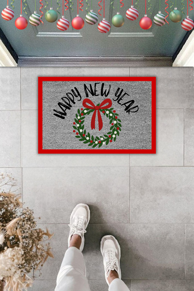 Dormot Dekoratif Dijital Paspas Yılbalı Özel Tasarım Süslü Happy New Year Gri...