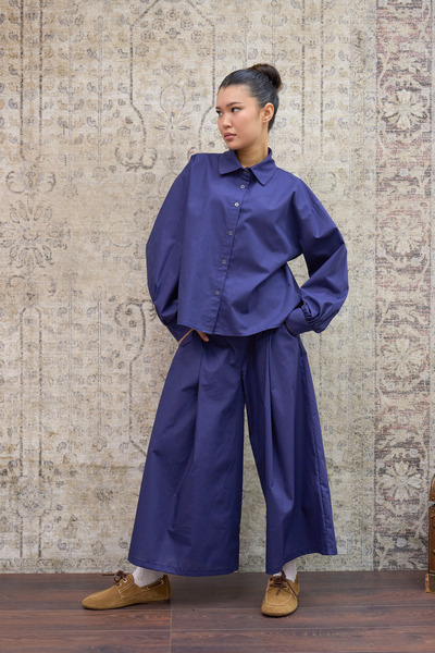 KÜÇÜĞÜM BUTİK Синій поплін сорочка і плісировані поплінові штани, комплект (СОРОЧКА-ШТАНИ)