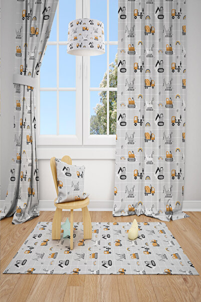 BelezaHome ستارة خلفية لغرفة الأطفال ذات جناحين باللونين الرمادي والأبيض ذات طابع آلات البناء