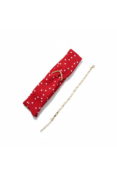 maia Red and White Polka Dot Patterned Fabric Bracelet – Gold Color Chain Detail