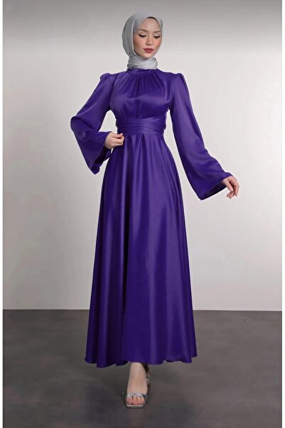 Modafeminen Ισπανικό βραδινό φόρεμα με σατέν με μανίκια μέσης σε σκούρο μωβ 5...