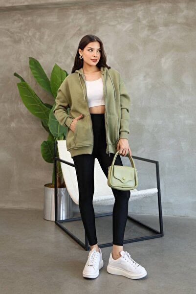 cemo Kadın Genç Unisex Cepli Kapüşonlu Fermuarlı Sweatshirt Hırka