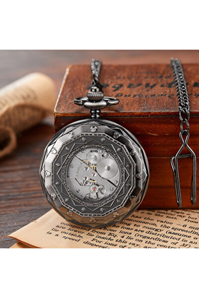 Gorben PM008 Pocket Watch Black - Antique Skeleton, Mechanical, Roman Numeral, Vintage Retro